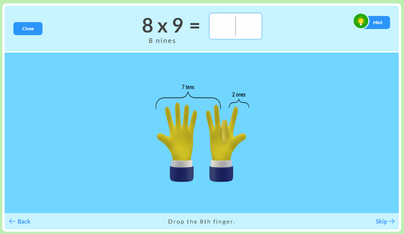 x9 Multiplication facts using the fingers trick