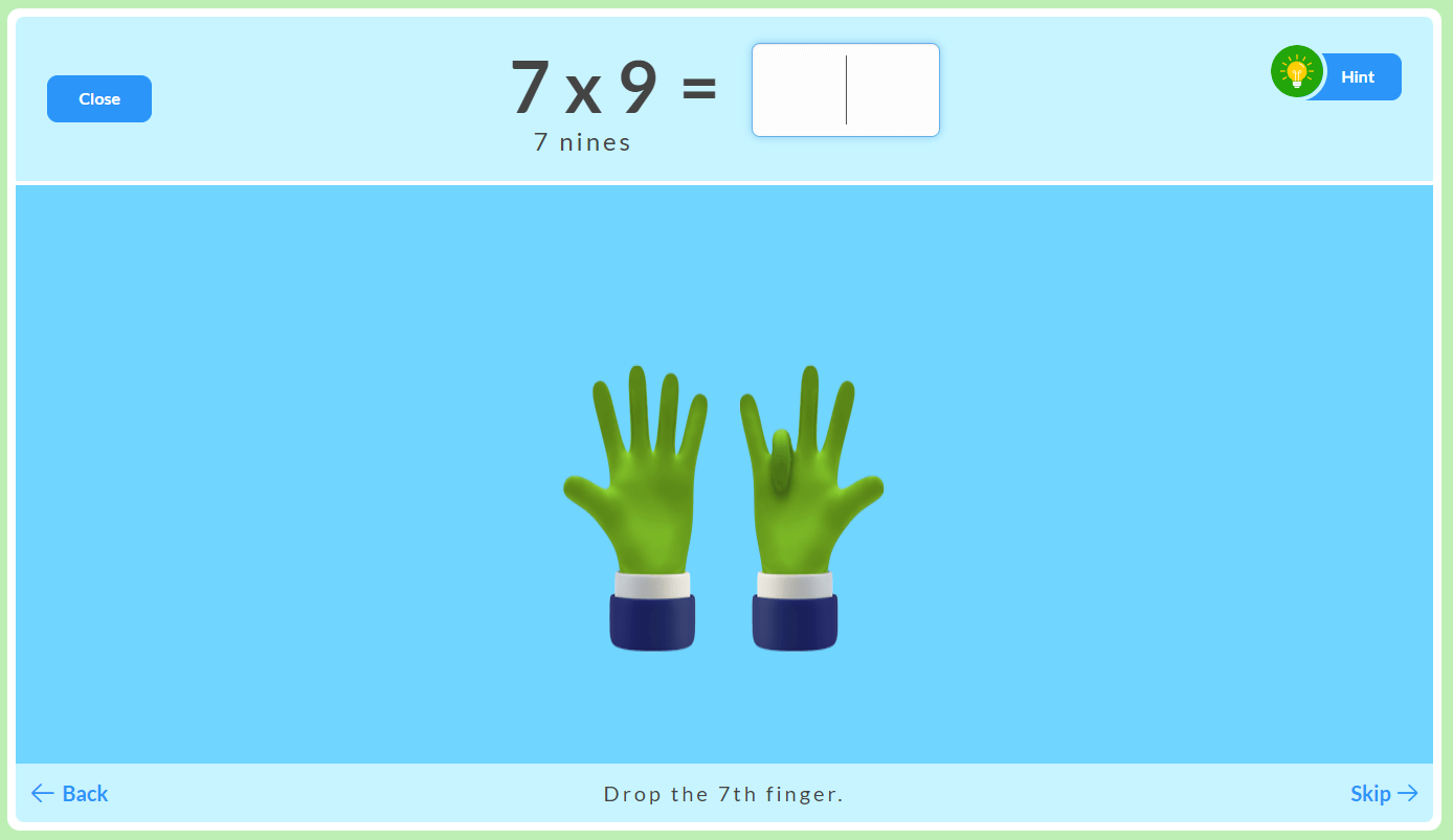 9 Times Table using the Fingers Trick to solve 7x9