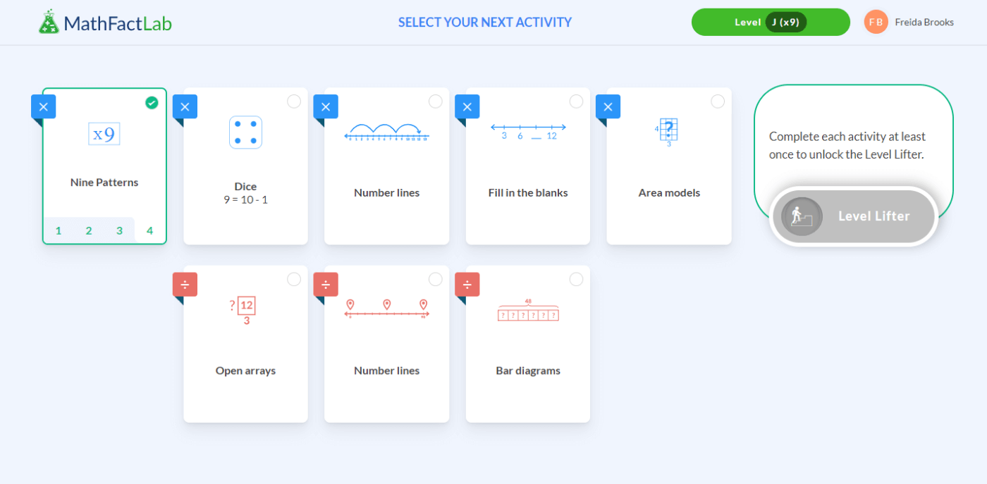 9 times table: MathFactLab student dashboard for x9 multiplication facts