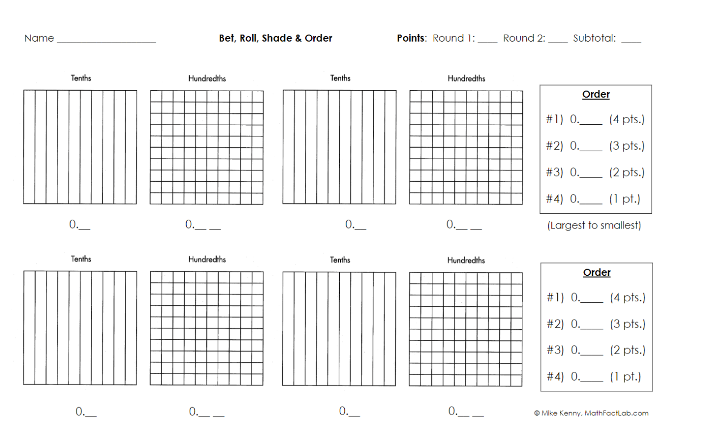 5th Grade Decimal Place Value Game - Bet Roll Shade and Order