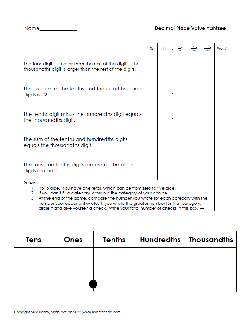 5th Grade Decimal Place Value Yahtzee - A Free Resource from MathFactLab