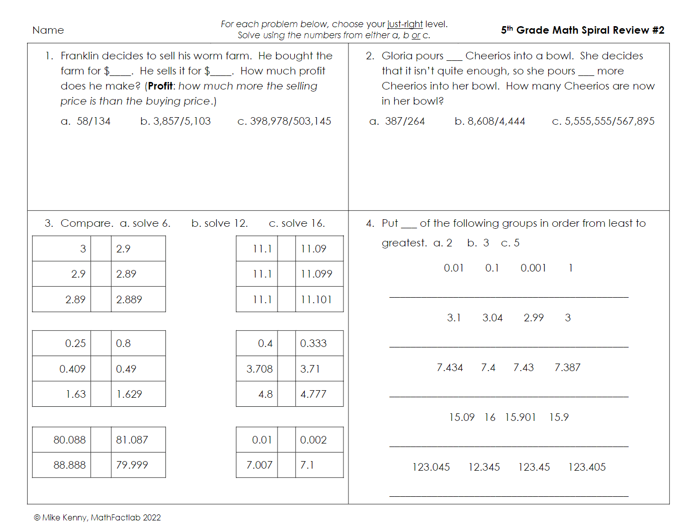 Differentiated 5th Grade Math Spiral Review - PDF Worksheet #2 free