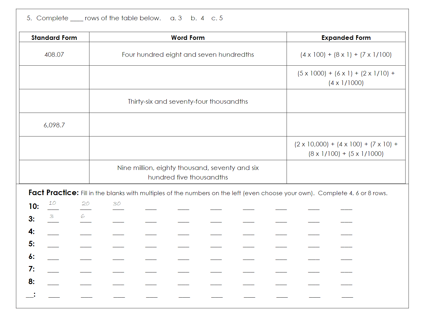 Grade 5 Math Review Worksheet 2 side 2 Free PDF 