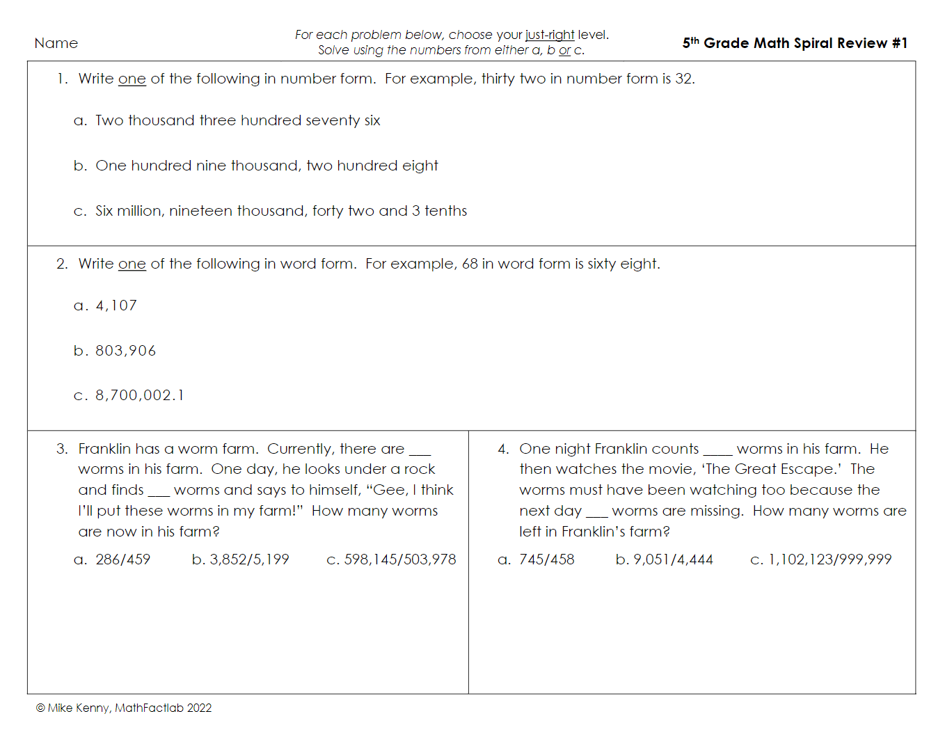 Differentiated 5th Grade Math Spiral Review - PDF Worksheet #1: A free resource from MathFactLab