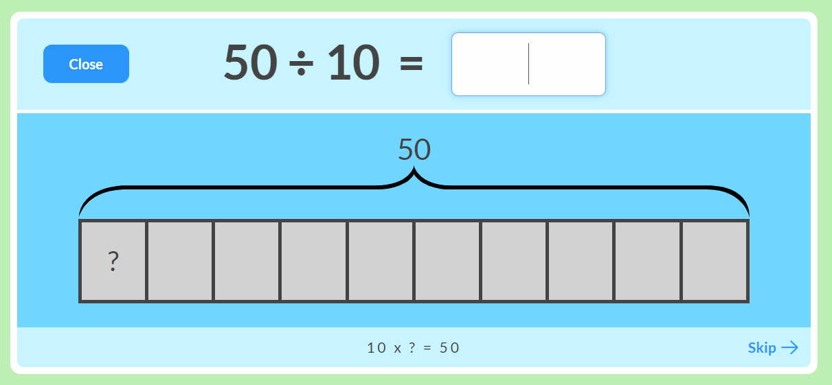 Dividing by 10 using a bar diagram
