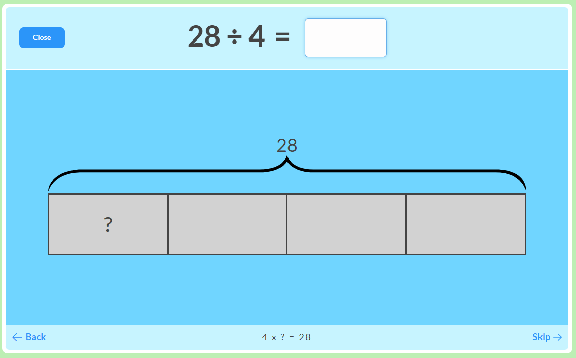 4 Times Table - 28 divided by 4 on a bar diagram