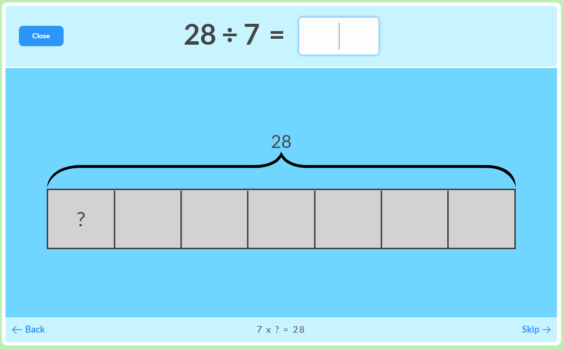 x4 multiplication facts - 28 divided by 7 division fact on a bar diagram