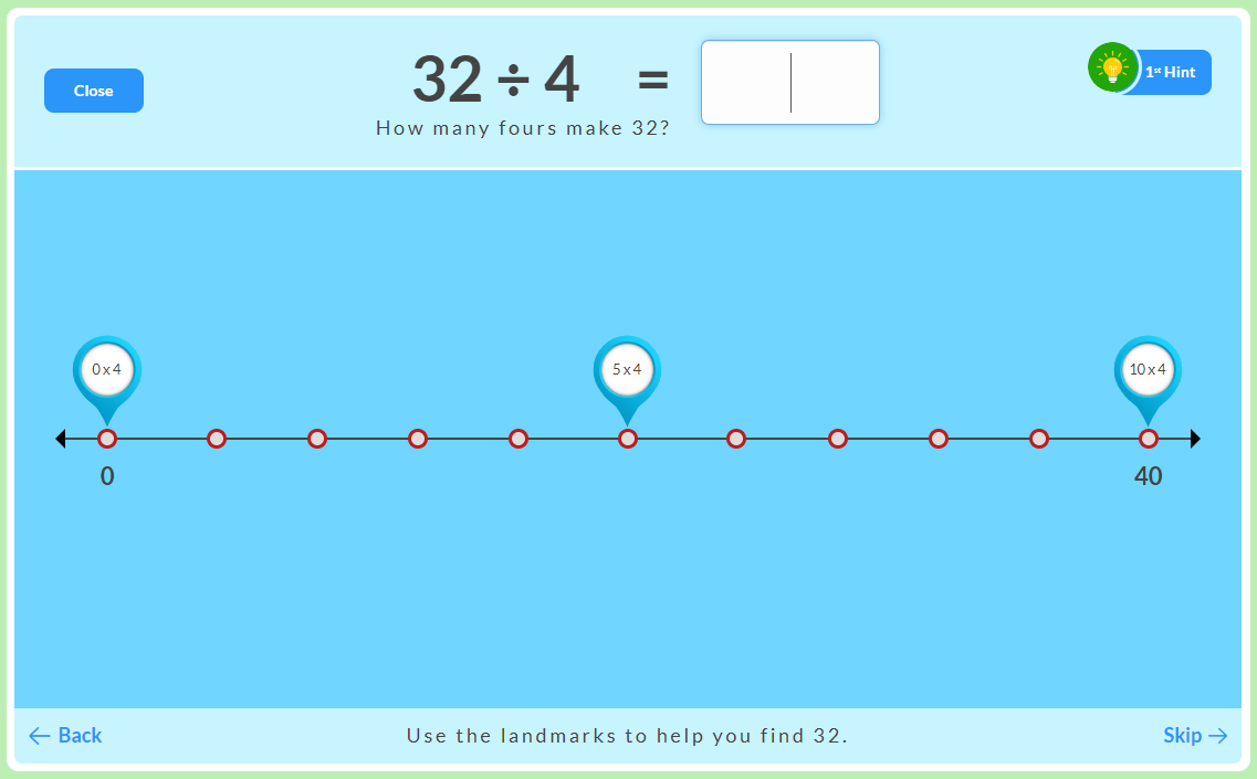 4 Times Table - 32 divided by 4 division fact on a number line