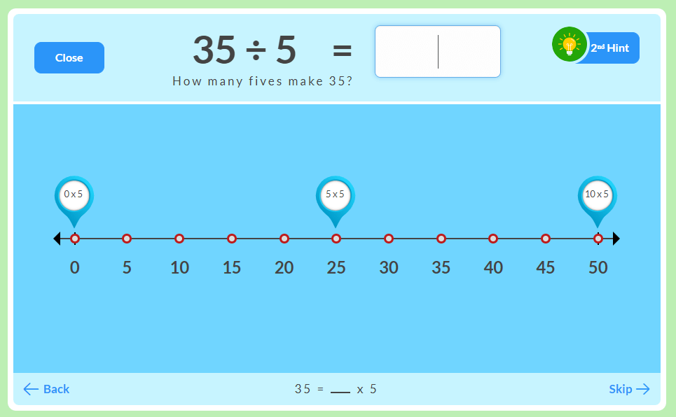35 divided by 5 on a number line MathFactLab