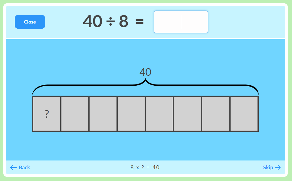 40 divided by 8 on a bar diagram MathFactLab