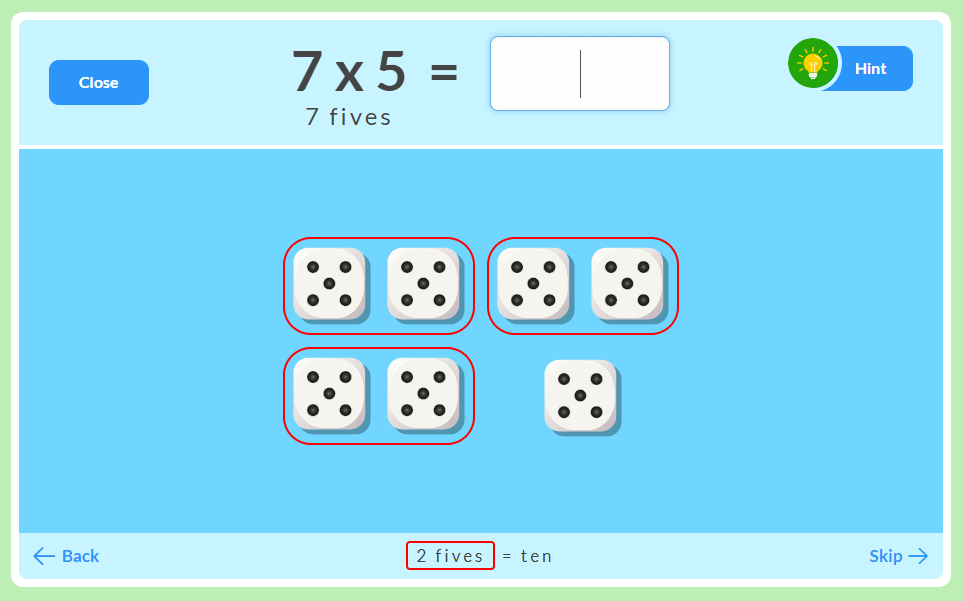 7x5 modeled with dice hint provided MathFactLab