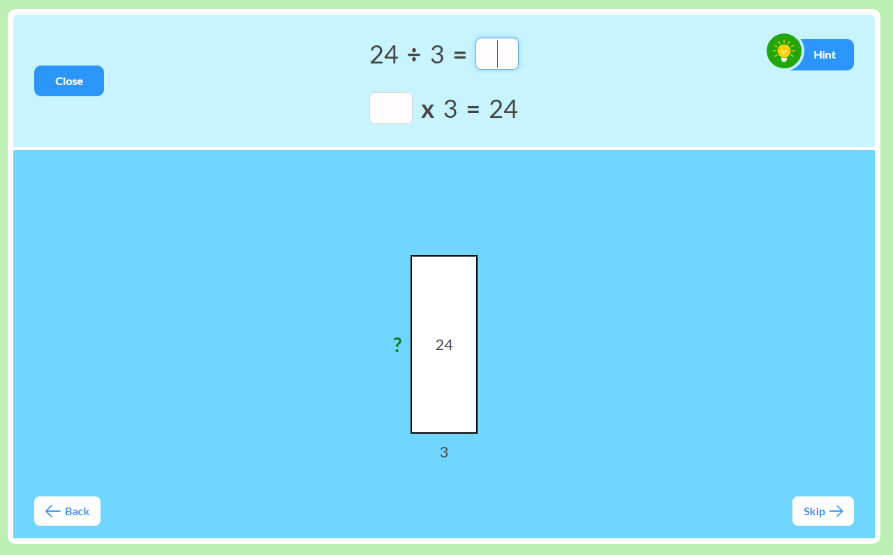 6 Times Table Strategy: 24 divided by 8 division fact using open arrays - MathFactLab