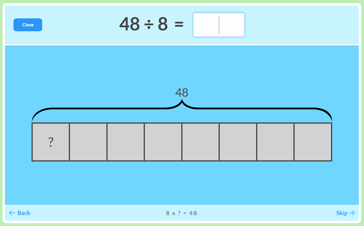 6 Times Table Strategy: 48 divided by 8 bar diagram